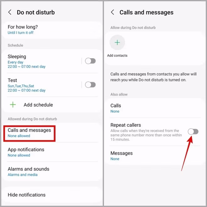 Deaktiver gjentatte anrop under DND på Android