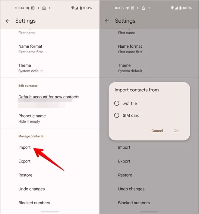 Kontakter Android Import